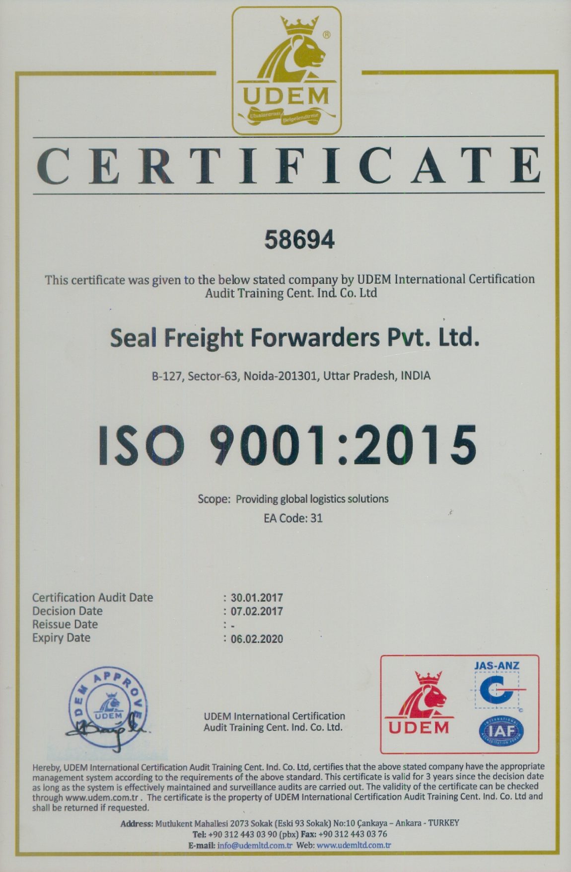 Certificates & Membership Seal Freight Forwarders